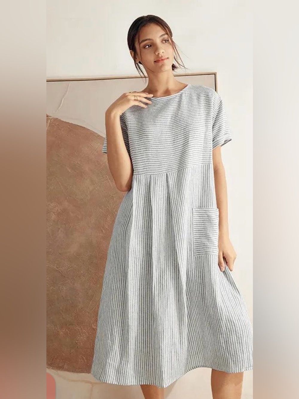Casual 100% linen pine stripe paneled short sleeved blue Pocket Midi Dress large